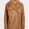 Hnědé dámské dvouřadé kožené kabáty Nappa Ralph Lauren