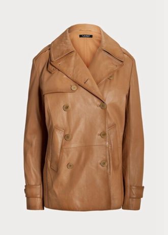 Hnědé dámské dvouřadé kožené kabáty Nappa Ralph Lauren