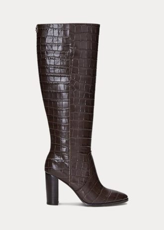 Hnědé dámské embosované kožené boty Ralph Lauren Ashlynn