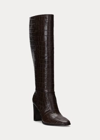 Hnědé dámské embosované kožené boty Ralph Lauren Ashlynn