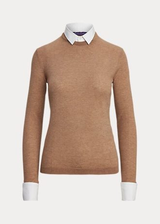 Hnědé dámské kašmírové svetry Ralph Lauren s límečkem