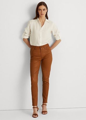 Hnědé dámské kožené vysoké úzké kotníkové kalhoty Ralph Lauren