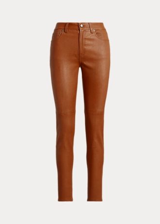 Hnědé dámské kožené vysoké úzké kotníkové kalhoty Ralph Lauren