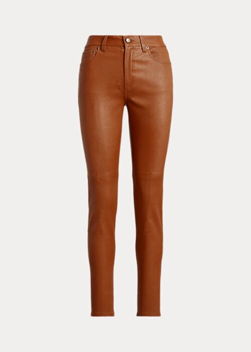 Hnědé dámské kožené vysoké úzké kotníkové kalhoty Ralph Lauren Hnědé dámské kožené vysoké úzké kotníkové kalhoty Ralph Lauren