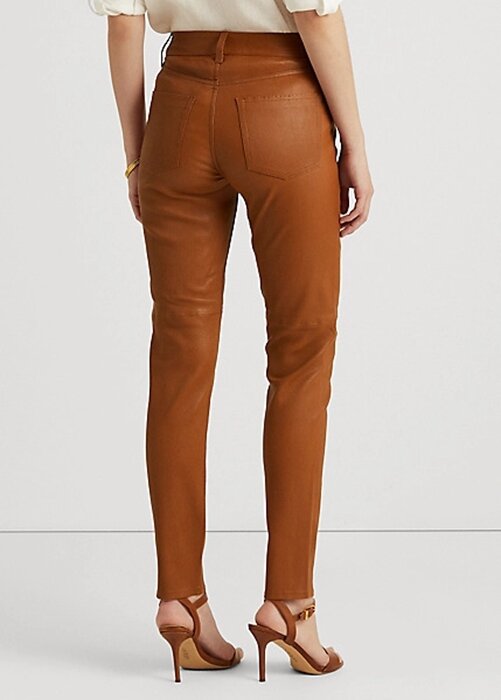 Hnědé dámské kožené vysoké úzké kotníkové kalhoty Ralph Lauren Hnědé dámské kožené vysoké úzké kotníkové kalhoty Ralph Lauren