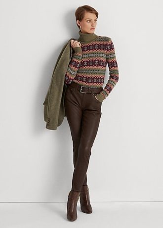 Hnědé dámské kožené úzké kotníkové kalhoty Ralph Lauren Nappa
