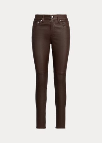 Hnědé dámské kožené úzké kotníkové kalhoty Ralph Lauren Nappa