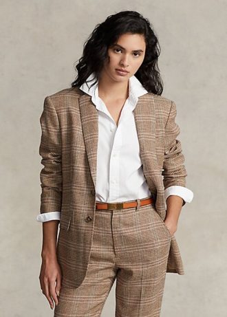 Hnědé dámské kostkované tvídové bundy Ralph Lauren z vlny a plátna