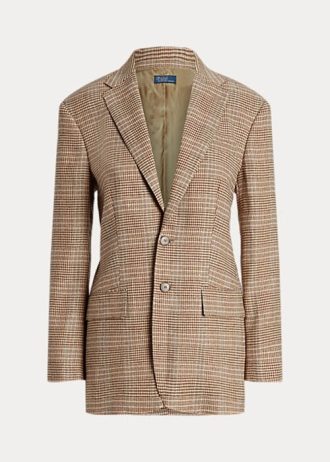 Hnědé dámské kostkované tvídové bundy Ralph Lauren z vlny a plátna