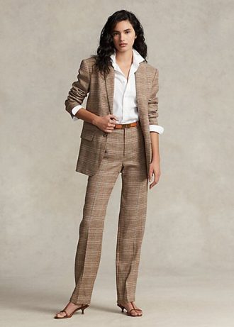 Hnědé dámské kostkované vlněné tvídové kalhoty Ralph Lauren s rovnými nohama
