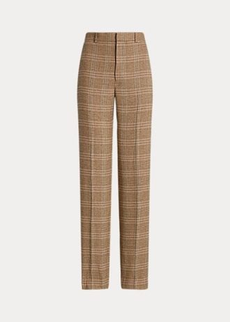 Hnědé dámské kostkované vlněné tvídové kalhoty Ralph Lauren s rovnými nohama