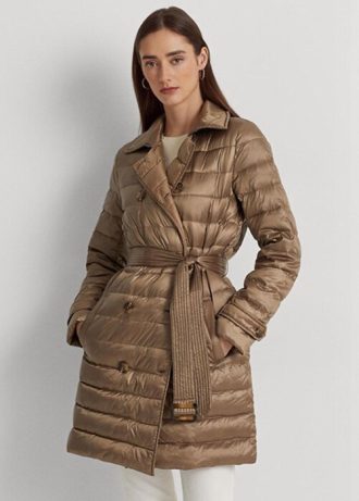 Hnědé dámské kovové prošívané kabáty Ralph Lauren