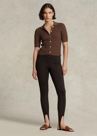 Hnědé dámské legíny se třmenem Ralph Lauren Stretch na boku se zipem