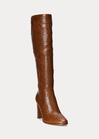 Hnědé dámské leštěné kožené boty Ralph Lauren Ashlynn