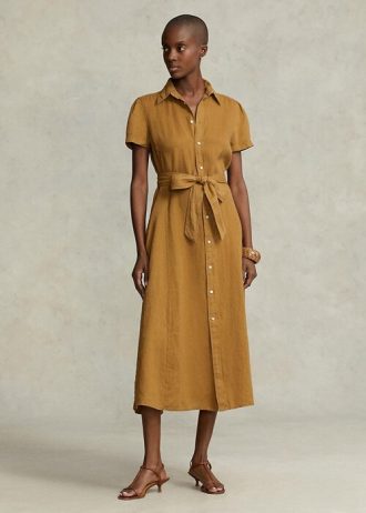 Hnědé dámské lněné šaty s krátkým rukávem Ralph Lauren