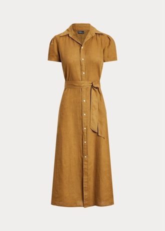 Hnědé dámské lněné šaty s krátkým rukávem Ralph Lauren