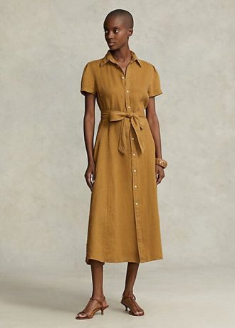 Hnědé dámské lněné krátké šaty Ralph Lauren s páskem