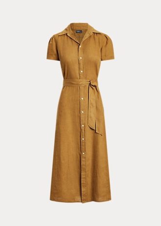 Hnědé dámské lněné krátké šaty Ralph Lauren s páskem