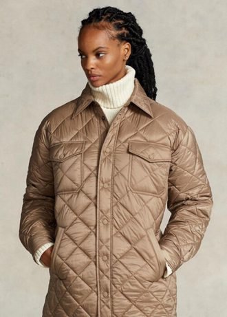 Hnědé dámské oversize prošívané kabáty Ralph Lauren odpuzující vodu Hnědé dámské oversize prošívané kabáty Ralph Lauren odpuzující vodu