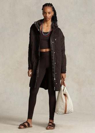Hnědé dámské oversize prošívané kabáty s kapucí Ralph Lauren Hnědé dámské oversize prošívané kabáty s kapucí Ralph Lauren