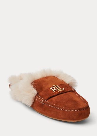 Hnědé dámské ploché semišové boty Ralph Lauren Savanah s umělou kožešinou