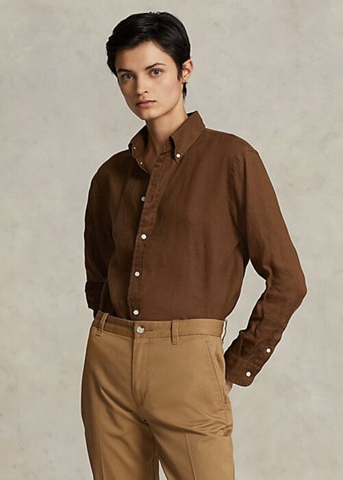 Hnědé dámské plátěné košile Ralph Lauren uvolněného střihu Hnědé dámské plátěné košile Ralph Lauren uvolněného střihu