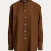 Hnědé dámské plátěné košile Ralph Lauren uvolněného střihu Hnědé dámské plátěné košile Ralph Lauren uvolněného střihu