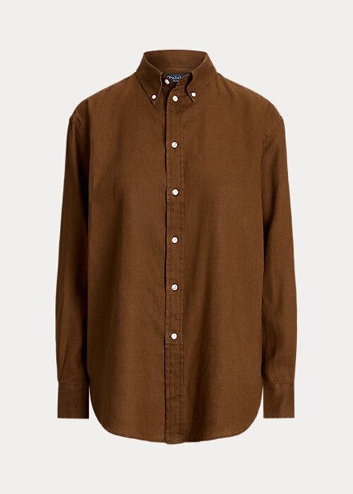 Hnědé dámské plátěné košile Ralph Lauren uvolněného střihu Hnědé dámské plátěné košile Ralph Lauren uvolněného střihu
