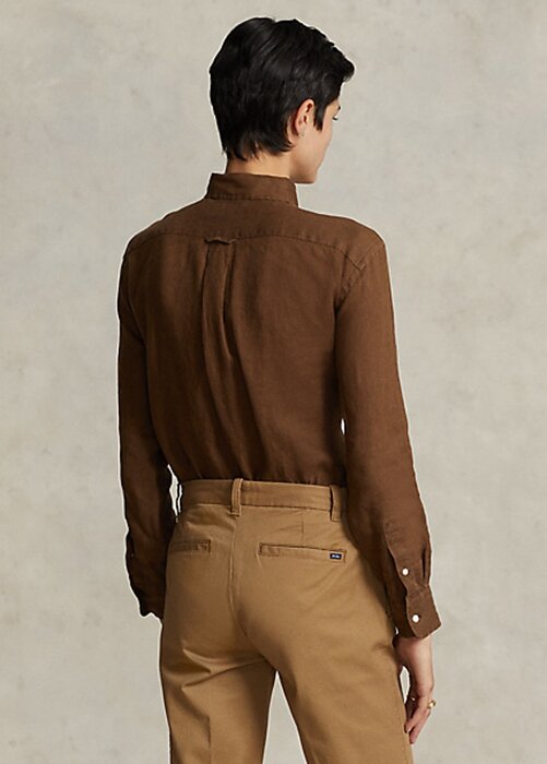 Hnědé dámské plátěné košile Ralph Lauren uvolněného střihu Hnědé dámské plátěné košile Ralph Lauren uvolněného střihu