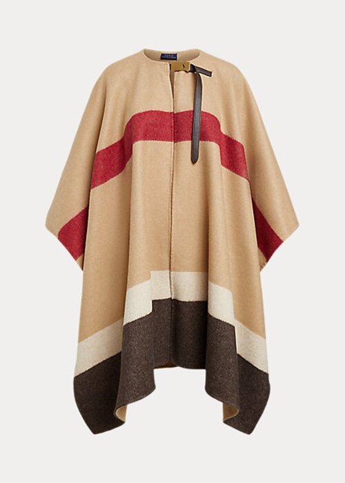Hnědé dámské pruhované dvoulícní pončo bundy Ralph Lauren Polo ID Hnědé dámské pruhované dvoulícní pončo bundy Ralph Lauren Polo ID
