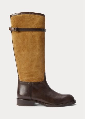 Hnědé dámské Ralph Lauren dvoubarevný semiš & Kožené jezdecké boty