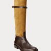 Hnědé dámské Ralph Lauren dvoubarevný semiš & Kožené jezdecké boty Hnědé dámské Ralph Lauren dvoubarevný semiš & Kožené jezdecké boty