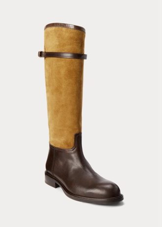 Hnědé dámské Ralph Lauren dvoubarevný semiš & Kožené jezdecké boty