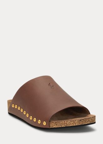 Hnědé dámské sandály Ralph Lauren z telecí kůže s nýtem Hnědé dámské sandály Ralph Lauren z telecí kůže s nýtem