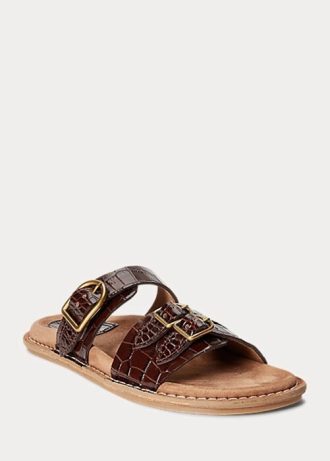 Hnědé dámské sandály z krokodýlí embosované kůže Ralph Lauren Ezra