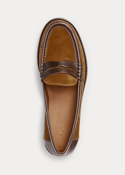 Hnědé dámské semišové penny mokasíny Ralph Lauren s koženým lemem Hnědé dámské semišové penny mokasíny Ralph Lauren s koženým lemem