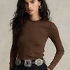 Hnědá dámská trička s dlouhým rukávem Ralph Lauren s žebrovaným semišem Hnědá dámská trička s dlouhým rukávem Ralph Lauren s žebrovaným semišem