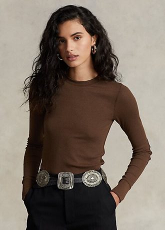 Hnědá dámská trička s dlouhým rukávem Ralph Lauren s žebrovaným semišem