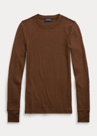 Hnědá dámská trička s dlouhým rukávem Ralph Lauren s žebrovaným semišem