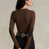 Hnědá dámská trička s dlouhým rukávem Ralph Lauren s žebrovaným semišem Hnědá dámská trička s dlouhým rukávem Ralph Lauren s žebrovaným semišem
