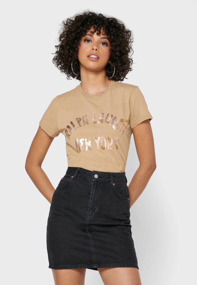 Hnědá dámská trička s logem Ralph Lauren s kulatým výstřihem Hnědá dámská trička s logem Ralph Lauren s kulatým výstřihem