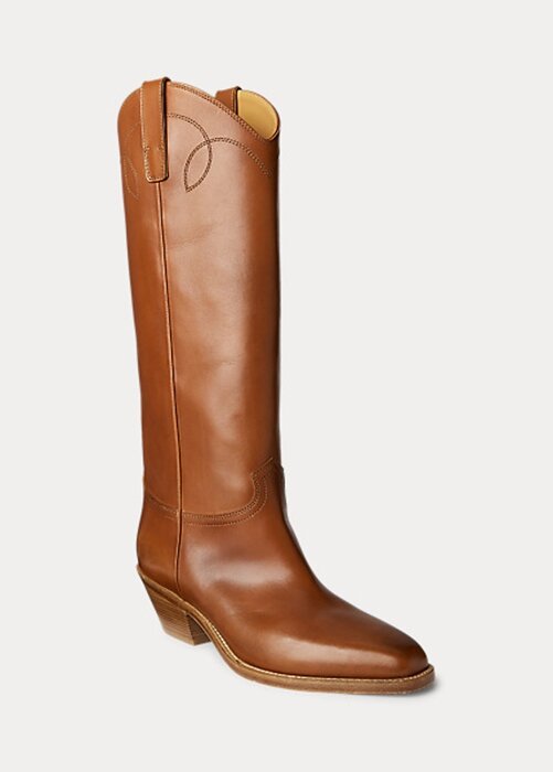 Hnědé dámské vysoké kozačky Ralph Lauren Jaelynne leštěné z teletiny Hnědé dámské vysoké kozačky Ralph Lauren Jaelynne leštěné z teletiny