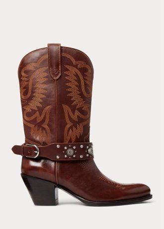 Hnědé dámské westernové boty Ralph Lauren s cvočky z telecí kůže