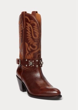 Hnědé dámské westernové boty Ralph Lauren s cvočky z telecí kůže