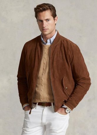 Hnědé pánské bundy Ralph Lauren Suede Bomber