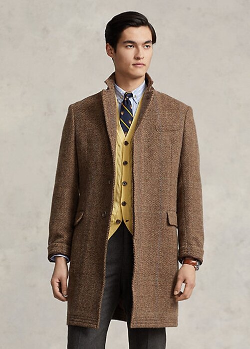 Hnědé pánské kabáty Ralph Lauren z lehké vlny s rybí kostí Hnědé pánské kabáty Ralph Lauren z lehké vlny s rybí kostí