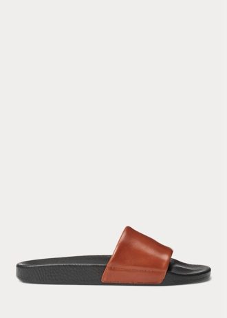 Hnědé pánské kožené pantofle Ralph Lauren Signature Pony