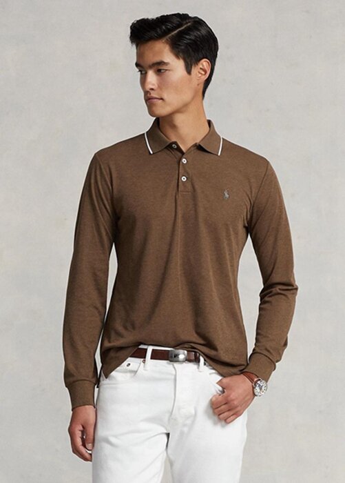 Hnědé pánské polokošile Slim Fit Birdseye Ralph Lauren Custom Hnědé pánské polokošile Slim Fit Birdseye Ralph Lauren Custom