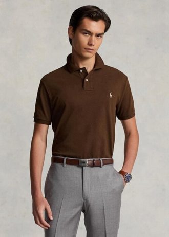 Hnědé pánské polokošile Slim Fit Mesh Ralph Lauren Custom Hnědé pánské polokošile Slim Fit Mesh Ralph Lauren Custom