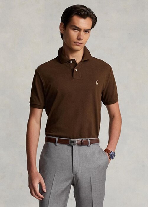 Hnědé pánské polokošile Slim Fit Mesh Ralph Lauren Custom Hnědé pánské polokošile Slim Fit Mesh Ralph Lauren Custom